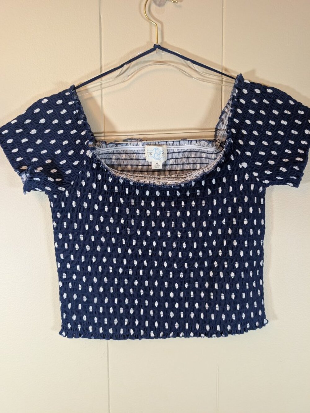 SMOCKED Crop Top XL Navy White Polka Dot Square Neck Stretch